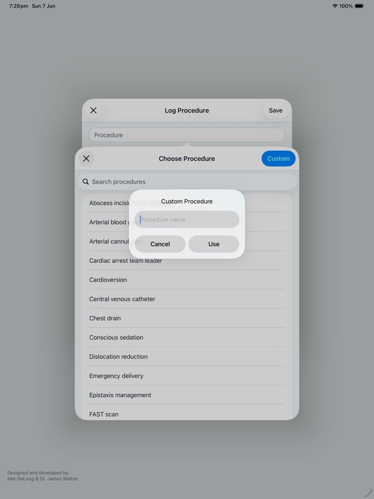 Choosing a procedure in EM Logbook on iPad