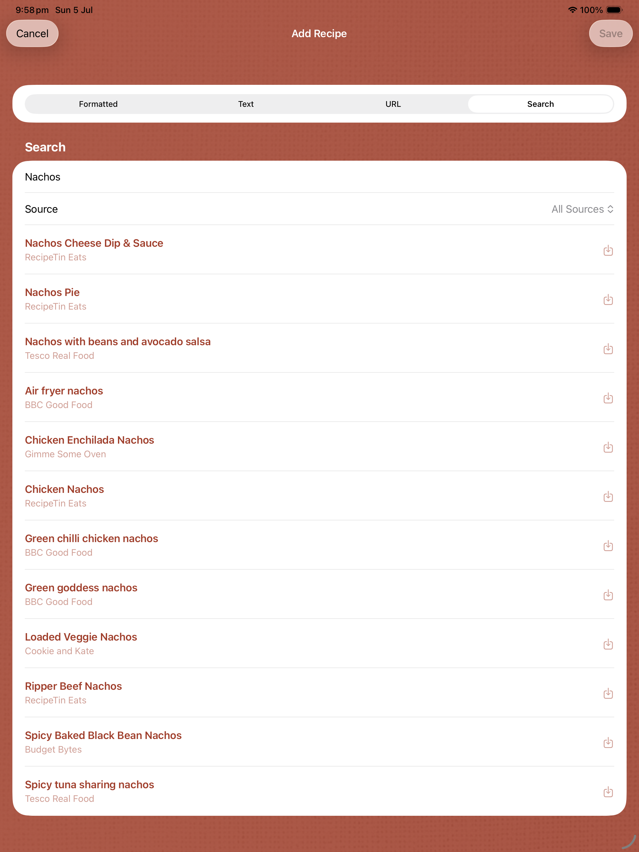 Recipe Time search import on iPad