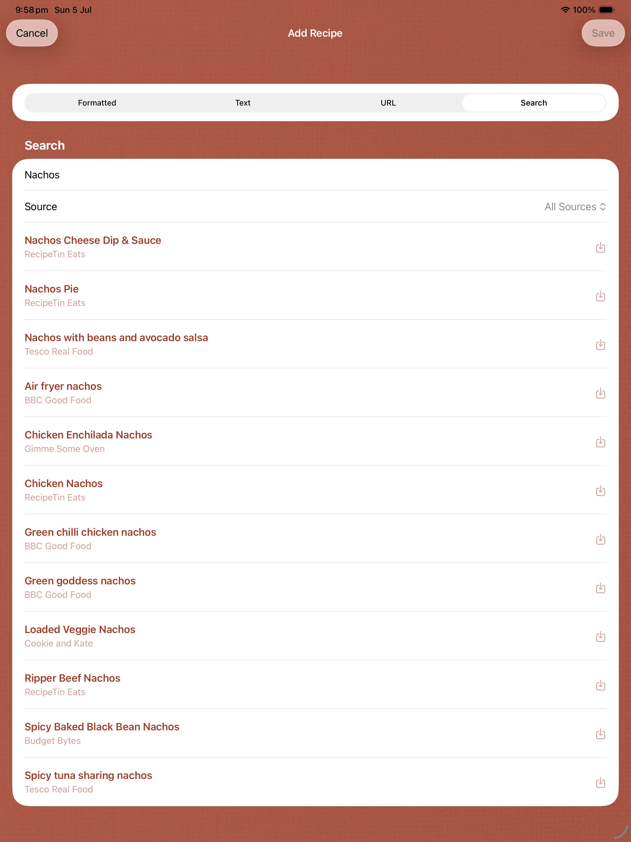 Recipe Time search import on iPad